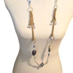 Chicos Necklace Chico’s Braided Leather Blue Clear Acrylic Beads 38" Adjustable